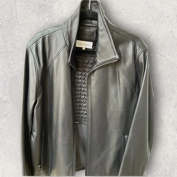 Calvin Klein Men's Genuine Black Leather Jacket, Medium (never worn)